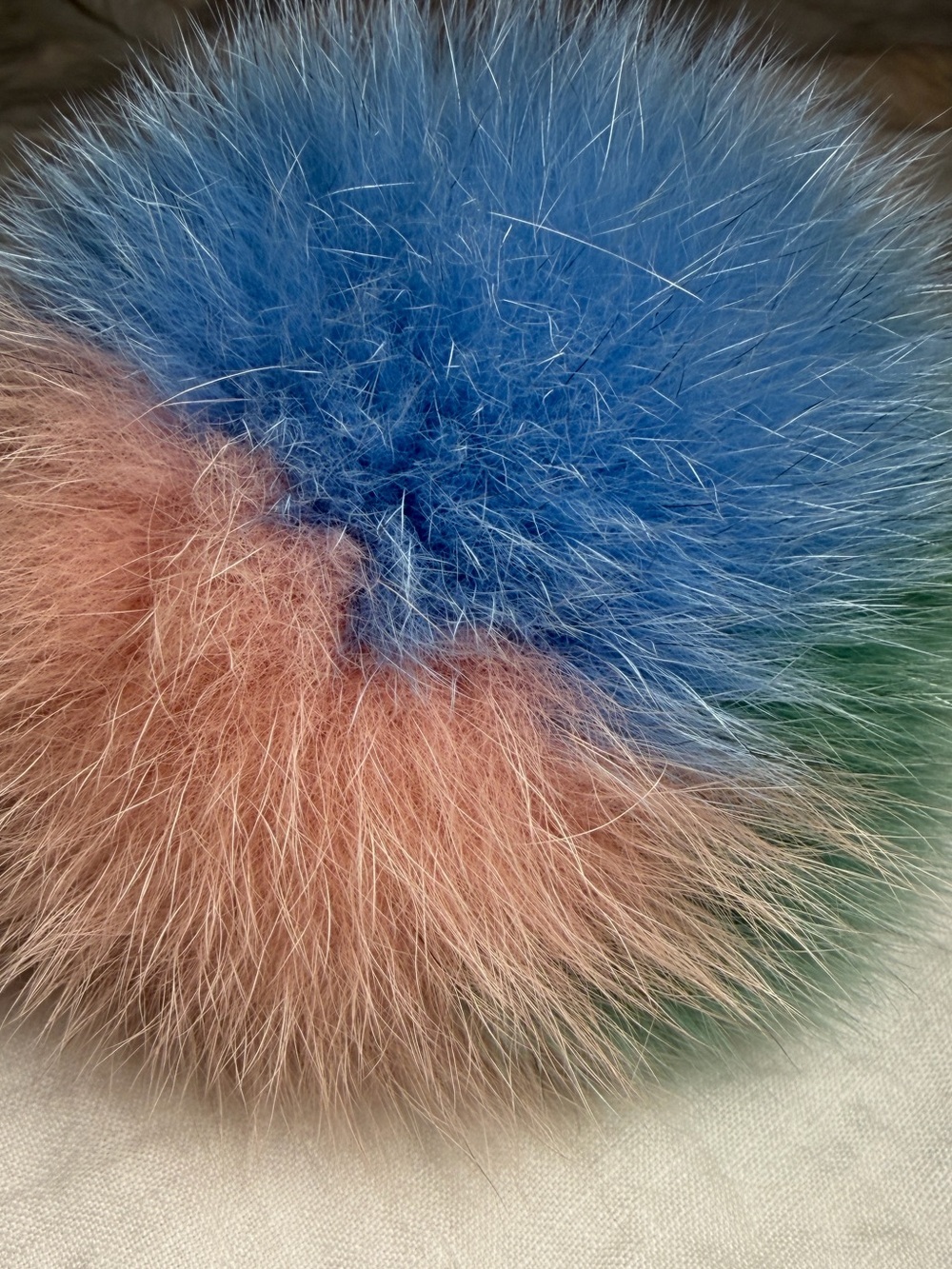 FENDI Tricolor Fox Fur Pom Pom Fendi Bag Charm Keychain Pastel Blue Pink Green - Picture 4 of 5
